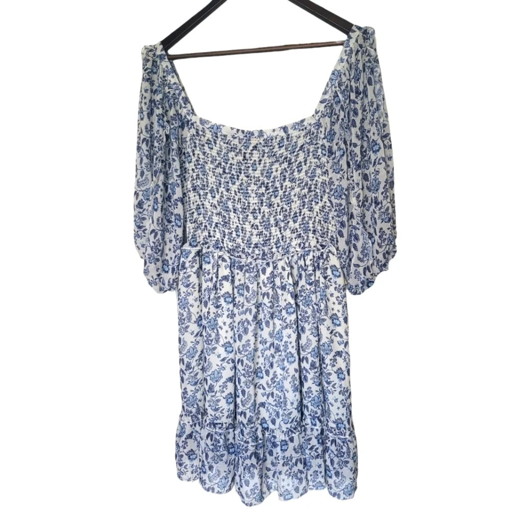 Super Natural Secret Mission Dress Med Blue‎ Floral Smock Cottage Garden Party - Picture 9 of 11